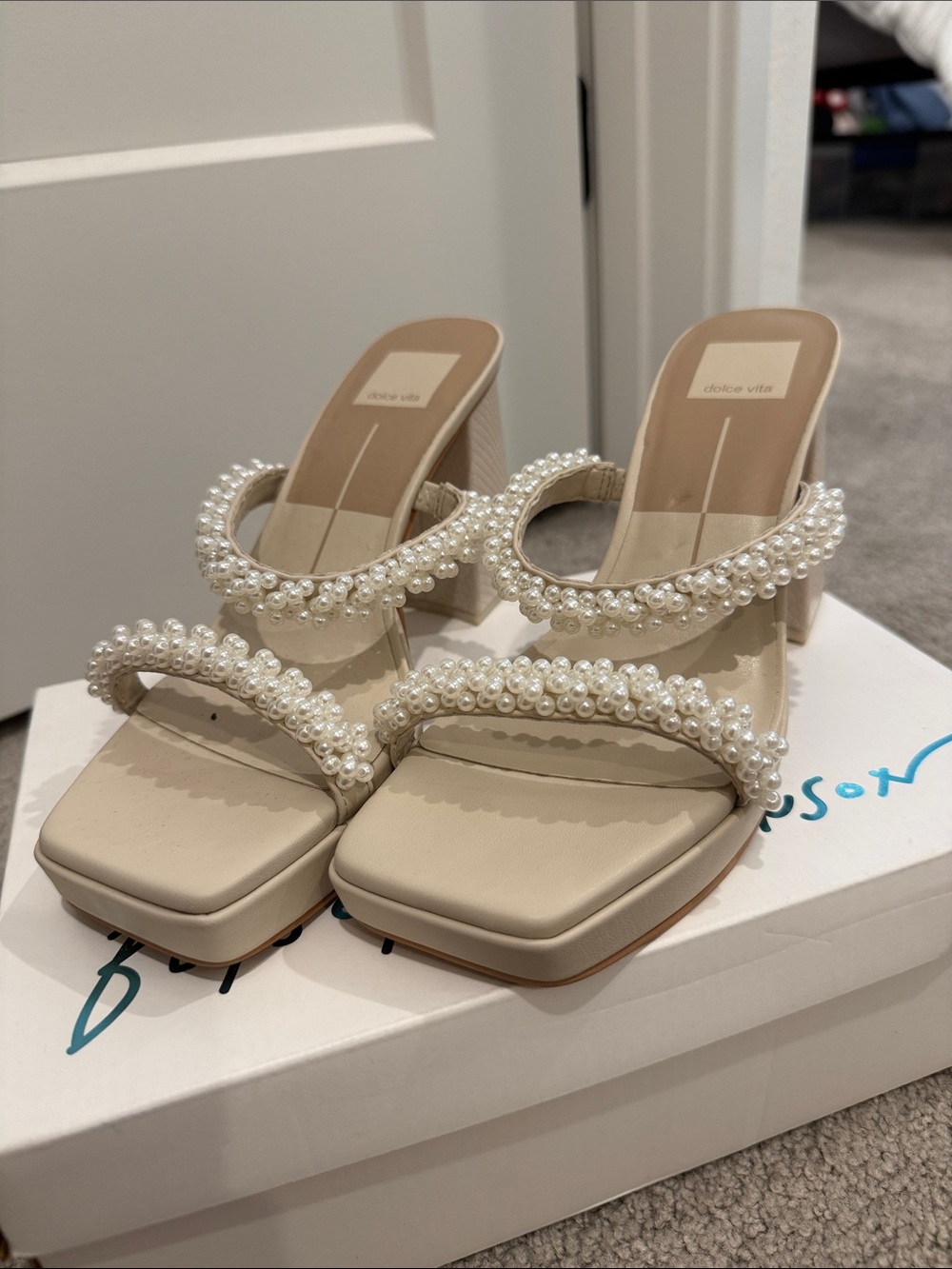 Dolce Vita Cream Pearl-Strap Block Heel Sandals